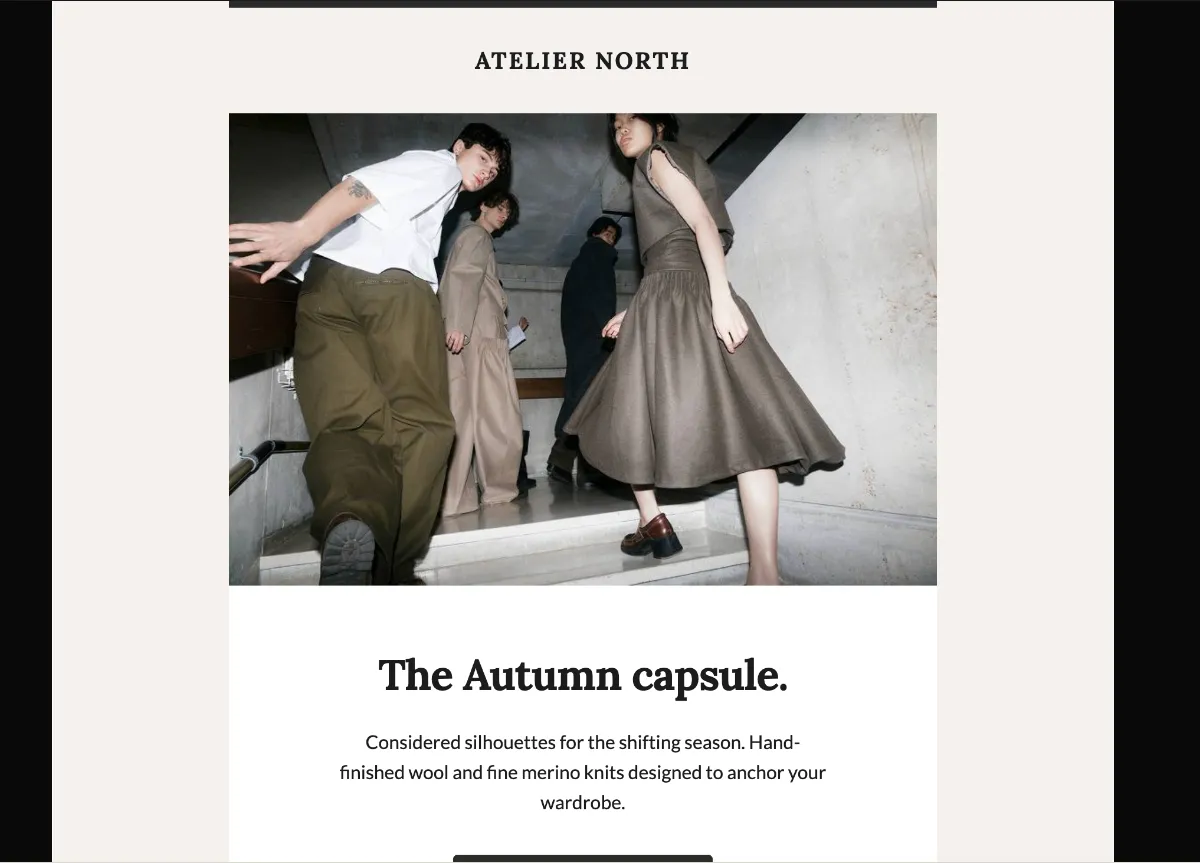 A second real AI-generated template — an ecommerce new-collection email — carrying one clear path from the hero image down to a single shop button