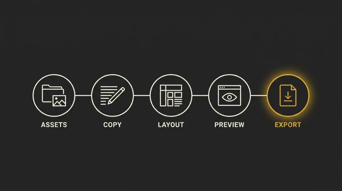 Horizontal process flow mapping the five steps of designing an email with AI, from gathering brand assets to sending a device-tested template