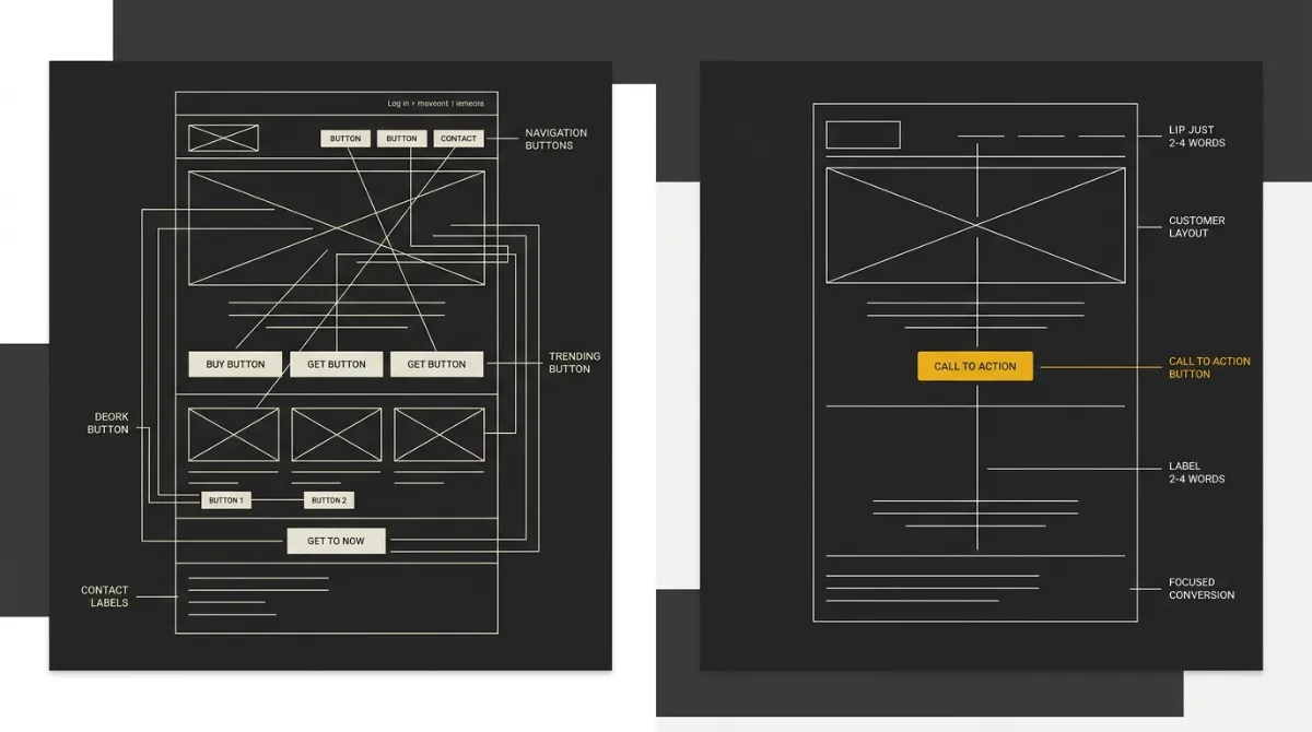 Schematic comparing a balanced, single-focus email layout against a generic, cluttered template built from default blocks