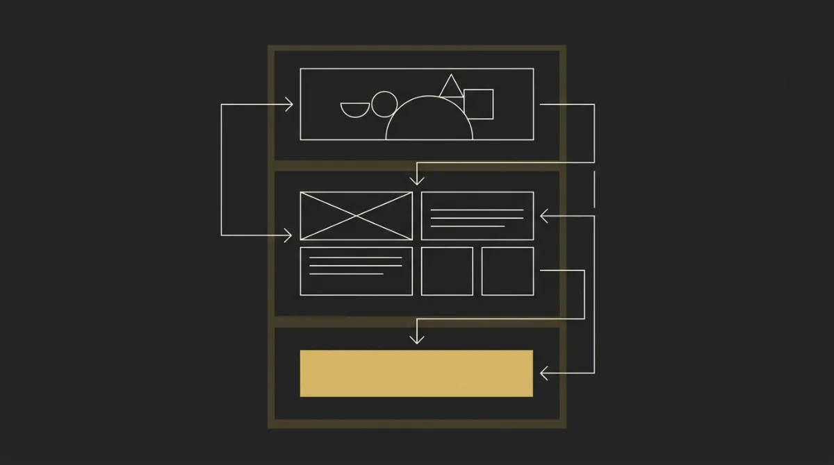 Diagram breaking an AI-generated email into structured layout blocks — hero, feature grid, testimonial cards and a single CTA zone
