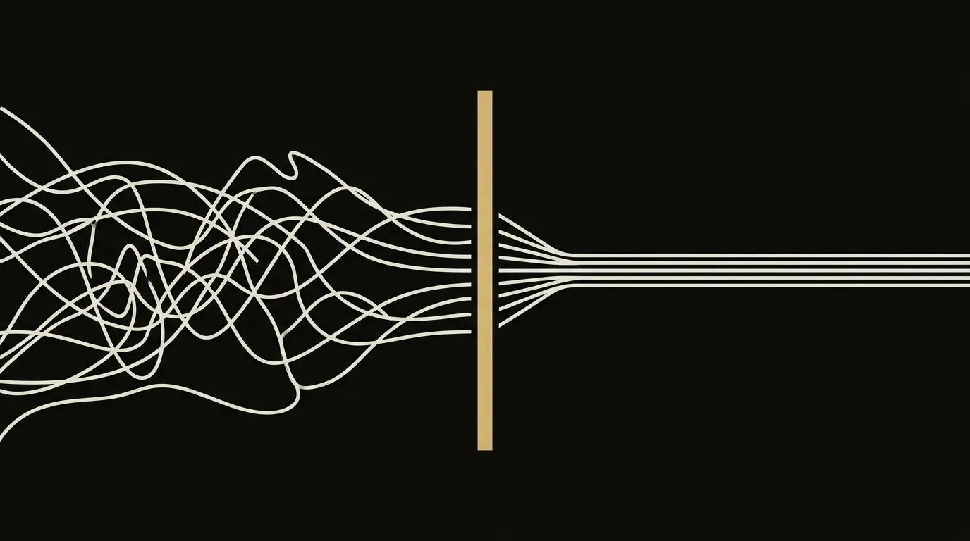 Abstract diagram of tangled chaotic lines on the left funneled through a single amber guardrail bar into clean parallel lines on the right, showing how context straightens raw model output
