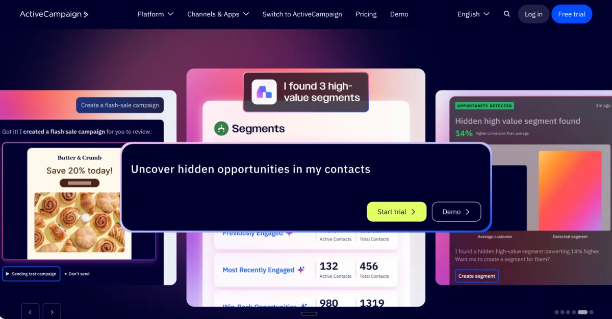 ActiveCampaign showing its AI surfacing high-value contact segments and drafting a flash-sale campaign