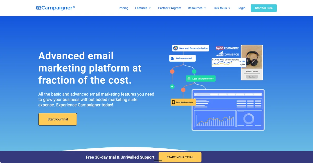 The Campaigner homepage showing an email and SMS automation flow branching from a new lead form submission