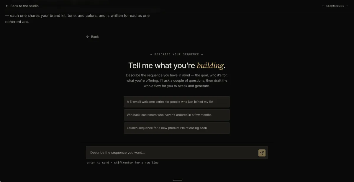 The EmailTemple Sequence Builder asking what flow to build, with example prompts for a welcome series, a win-back and a product launch