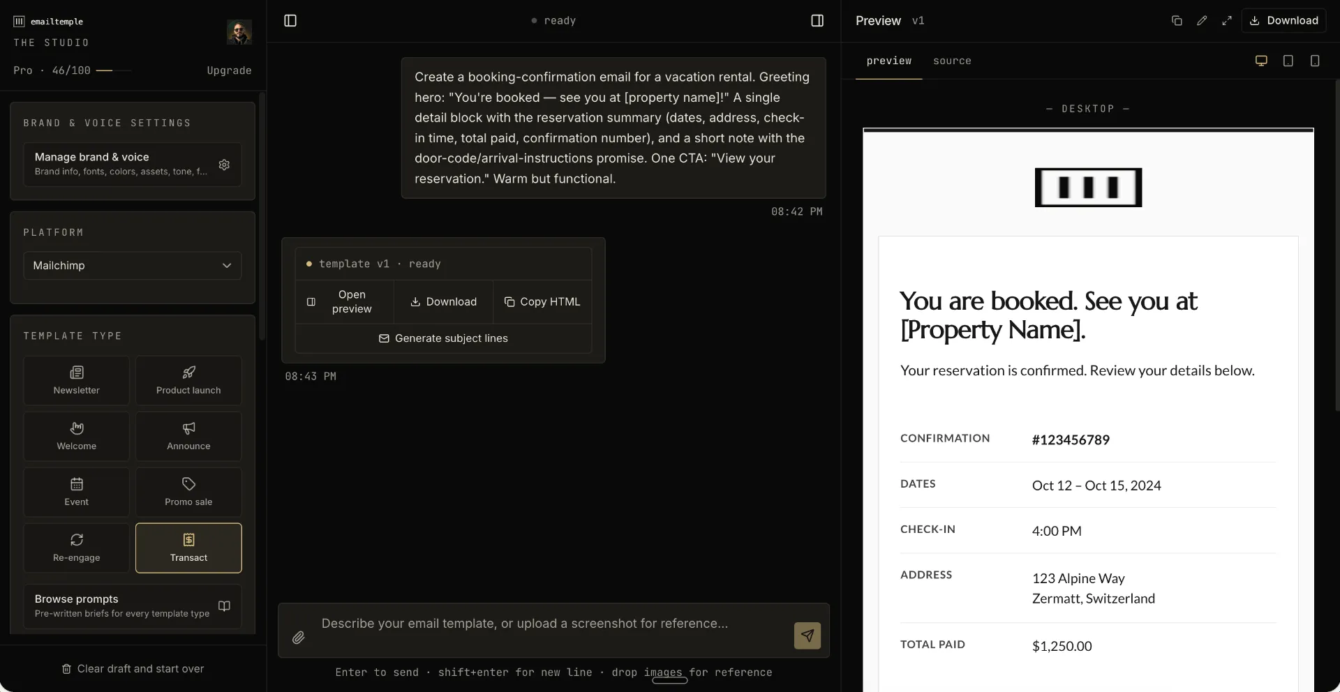 The EmailTemple studio generating an email template from a written brief, with the finished design previewing beside the chat