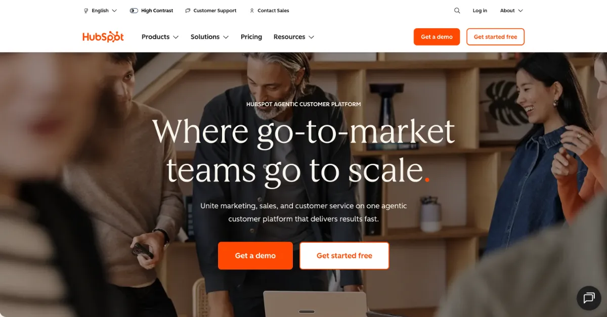 The HubSpot homepage positioning its agentic customer platform for go-to-market teams