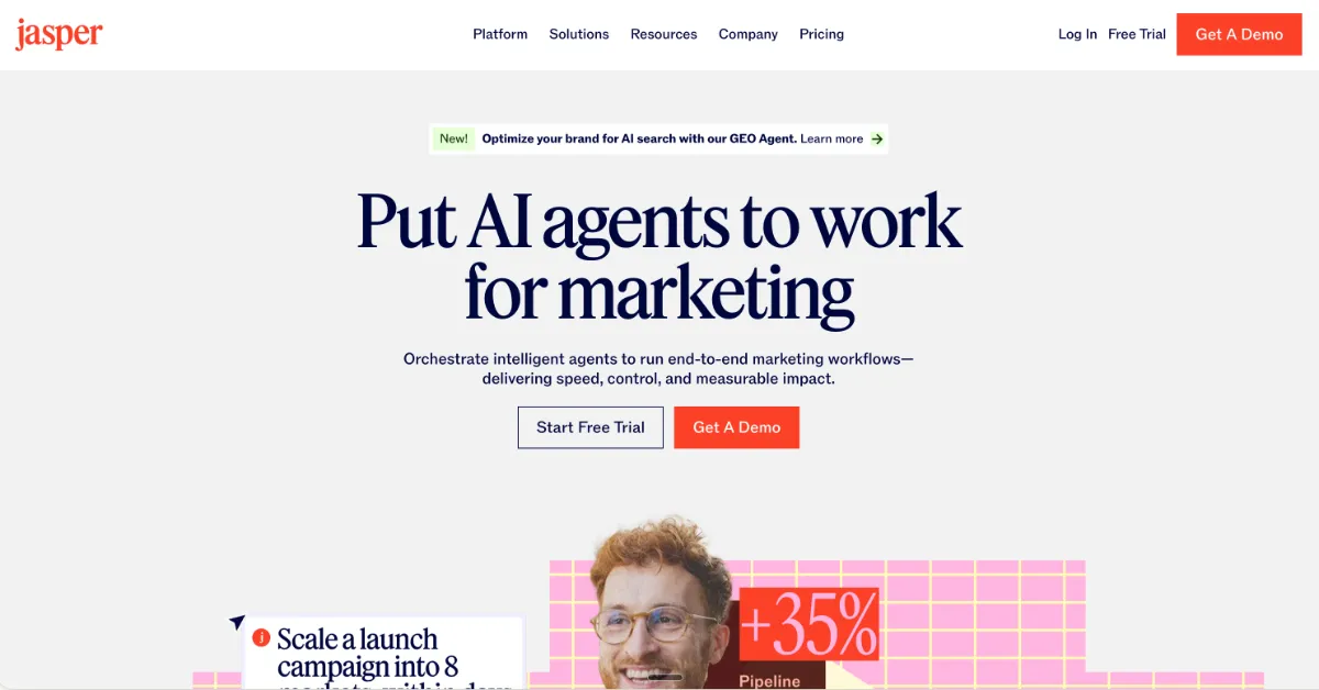 The Jasper homepage positioning its AI marketing agents for end-to-end campaign workflows