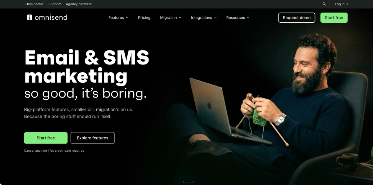 The Omnisend homepage positioning its email and SMS marketing platform for ecommerce stores