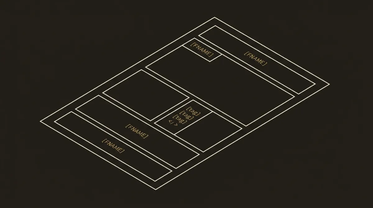Modular wireframe demonstrating ESP-native template zones and editable merge tags