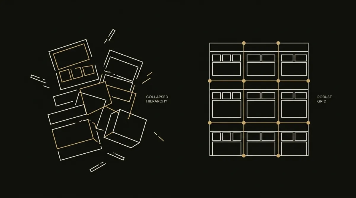Two email layouts side by side: one collapsed into scattered tilted blocks, the other holding a clean structural grid