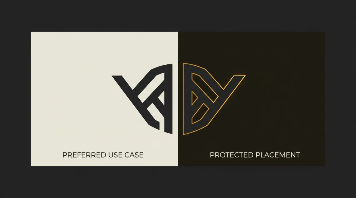 The same monogram shown twice: solid dark on a light panel, and as an amber outlined variant on a dark panel labelled protected placement