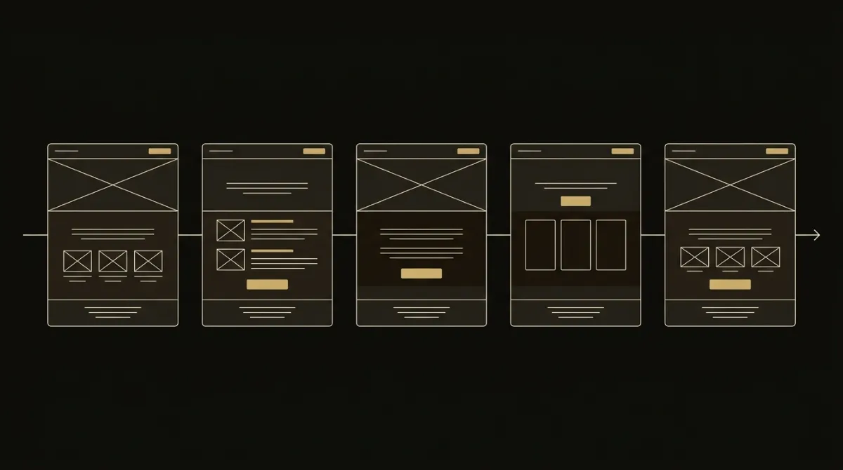 Five email wireframes in a row on a dark background, each carrying the same zone structure and amber accents, showing one flow rendering consistently in dark mode