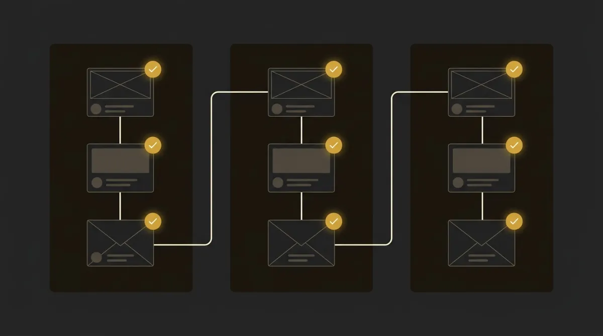 Three vertical email chains side by side, every block carrying its own amber check mark, showing the same QA pass repeated on each send in a flow rather than once at the start