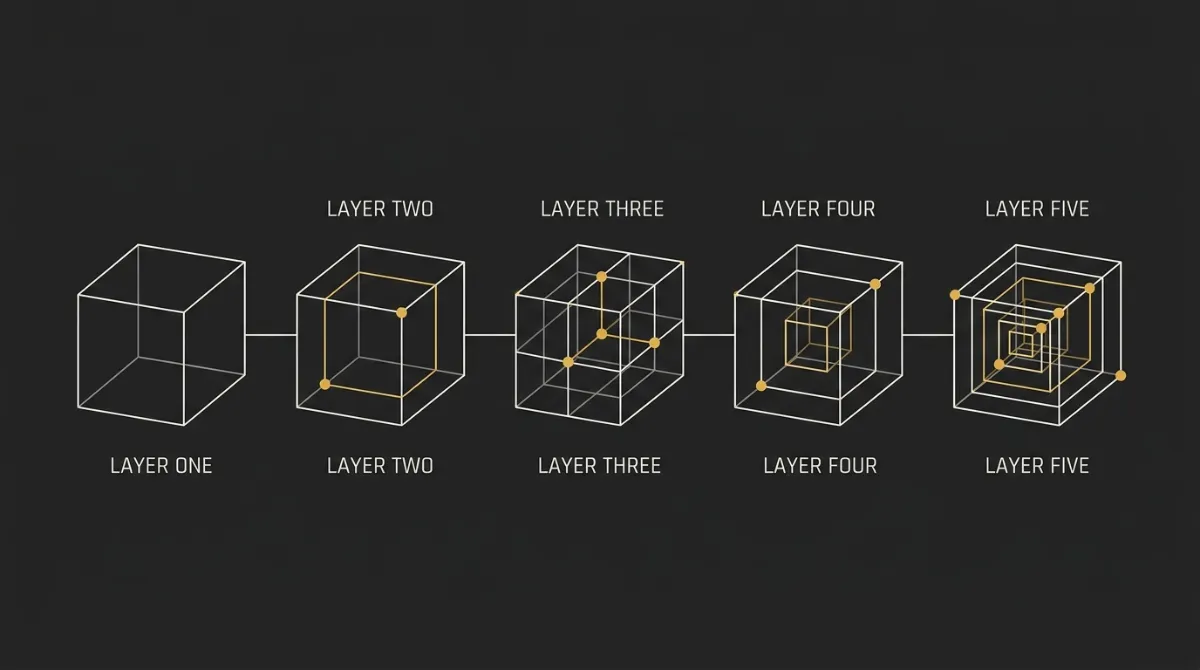 Five wireframe cubes in a row, each nesting one more amber layer inside the last, representing the five layers of dark-mode code stacking into a finished template