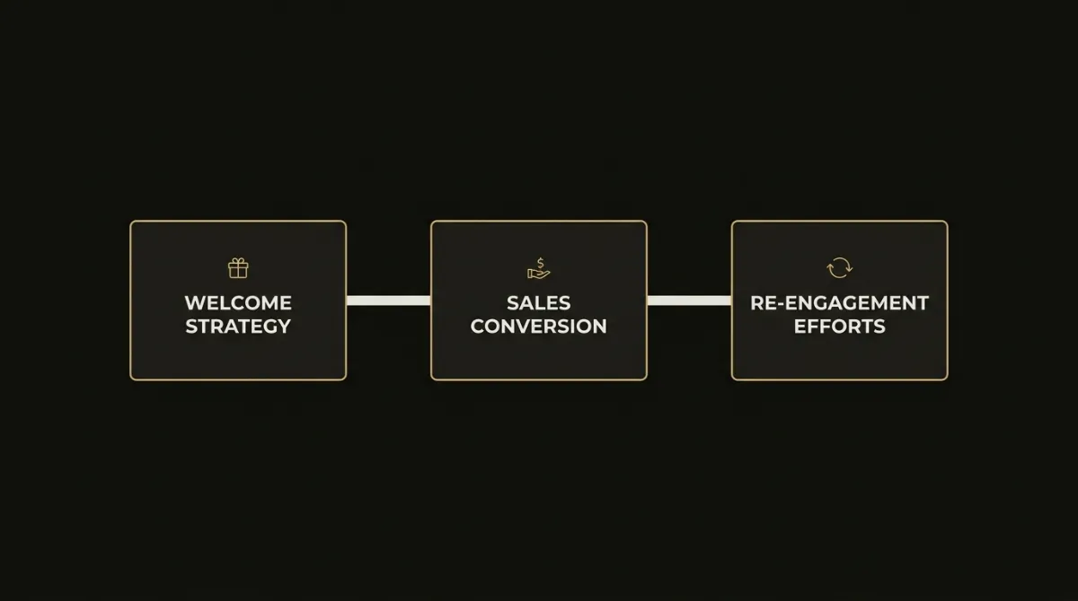 Diagram of the three-flow email system: welcome sequence, evergreen sales and re-engagement