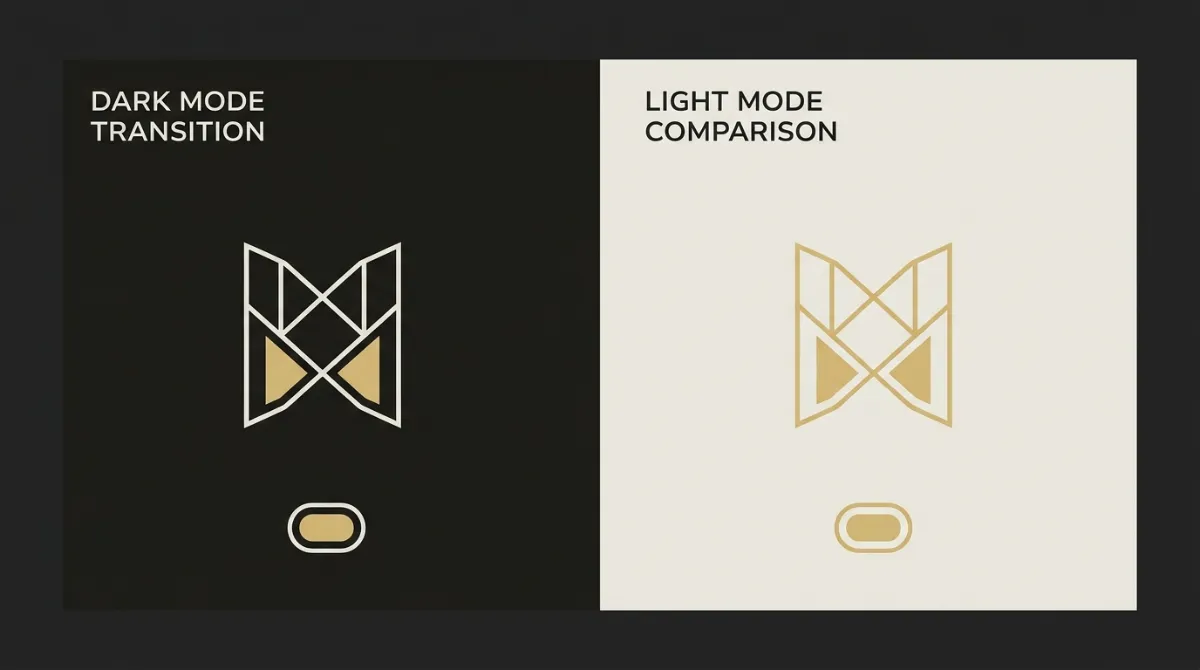 The same logo mark and button shown side by side on a dark background and a light background, with both treatments staying legible