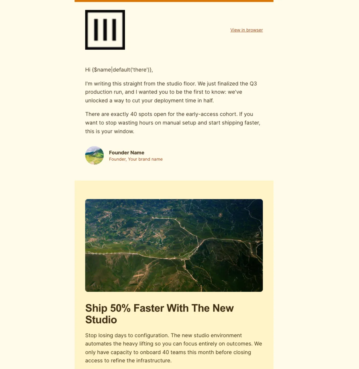 A newsletter rendered in a light theme: a masthead, a short founder note signed with a photo, then a distinct tinted zone holding one image-led story block