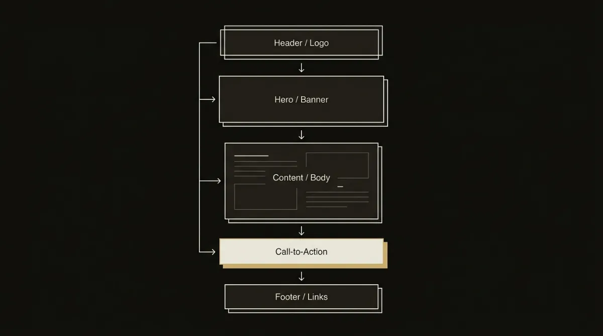 Editorial blueprint of an email template assembled zone by zone, from header and hero through body, call to action and footer