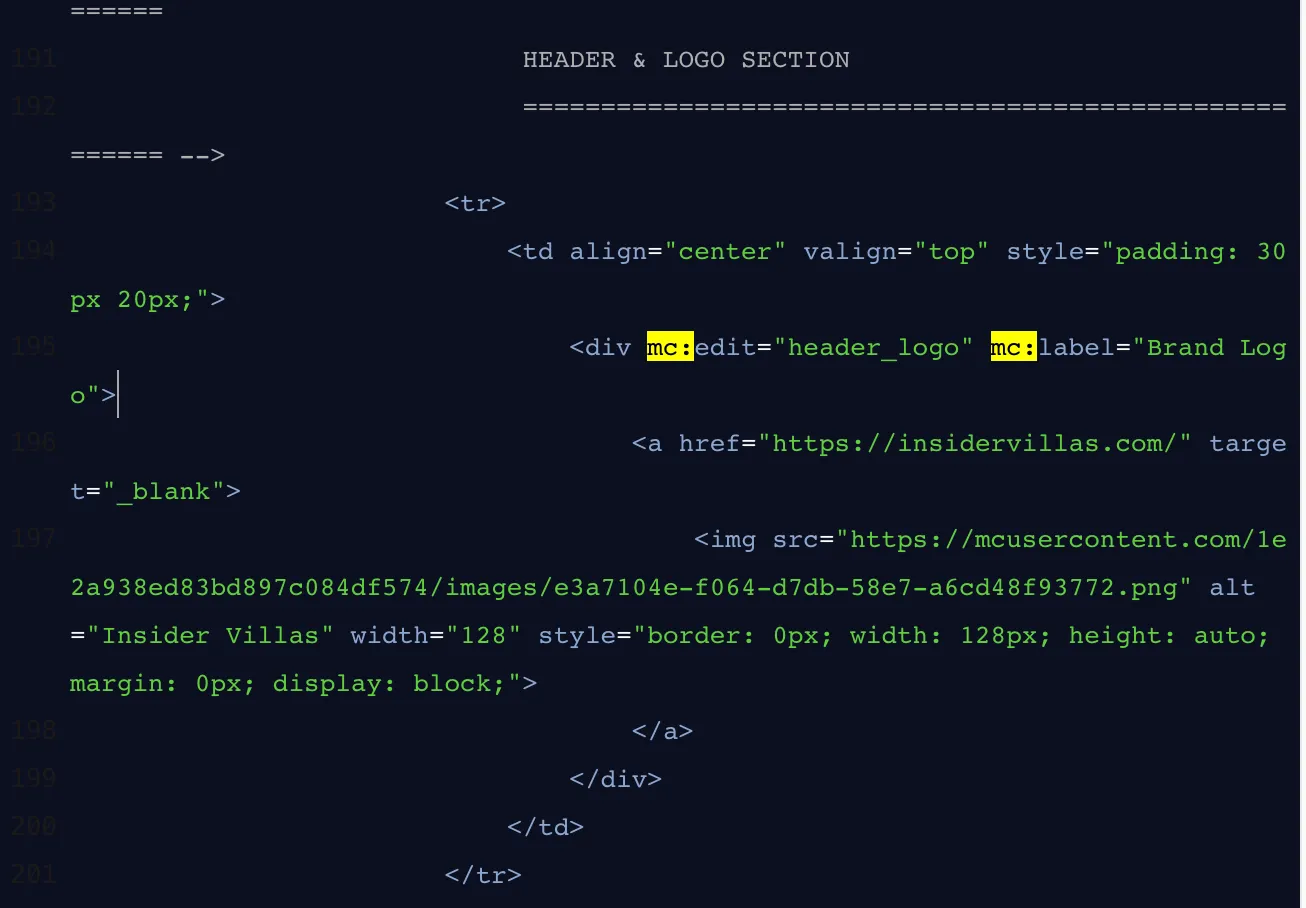 Mailchimp code showing mc:edit header_logo paired with mc:label Brand Logo on the logo block