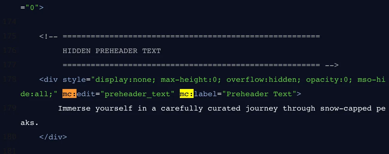 Mailchimp code showing a clean leaf name, mc:edit preheader_text paired with mc:label Preheader Text, on a hidden preheader block