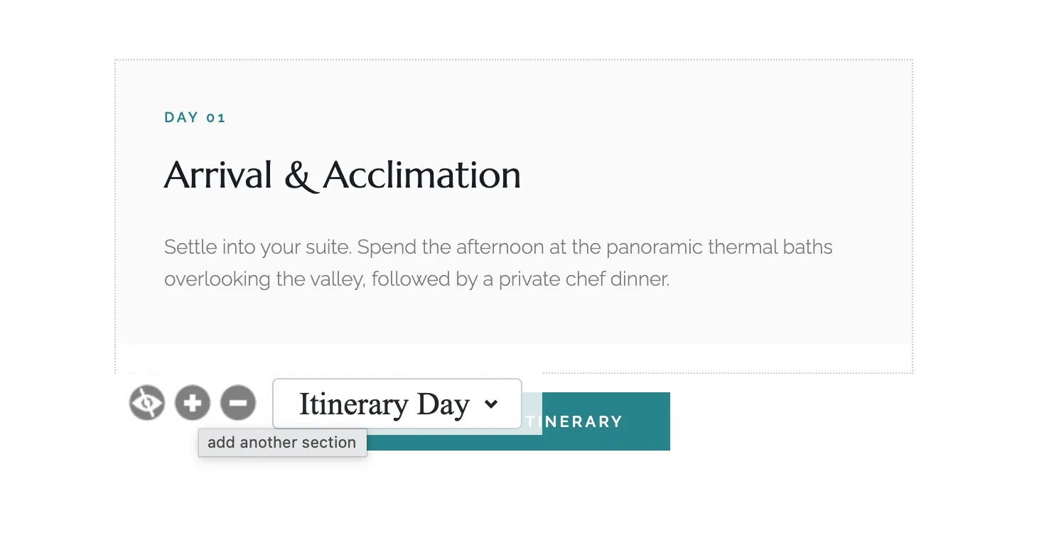 A repeatable Itinerary Day module in the Mailchimp builder with its variant label and add-another-section button