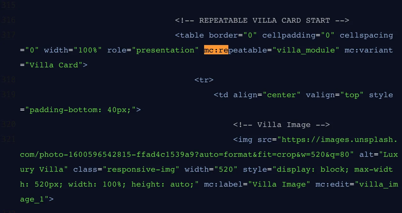 Mailchimp Classic template code with mc:repeatable and mc:variant on a villa card table wrapping indexed mc:edit regions