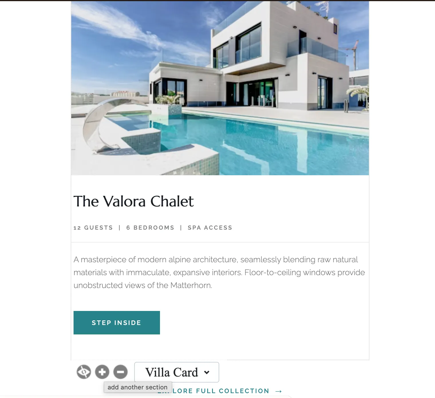 The repeatable villa card rendered in Mailchimp's builder, showing the Villa Card variant menu and the add-another-section control