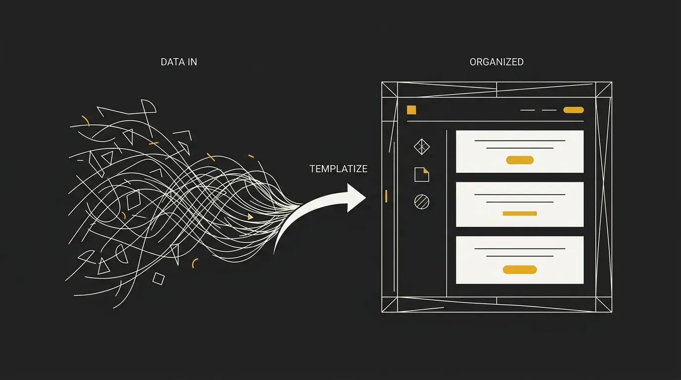 Abstract editorial diagram of raw email copy being refined into a balanced, dark-mode email layout