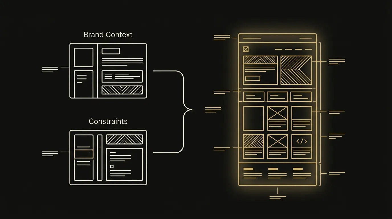 Brand context and constraints panels feeding into a fully specified email layout