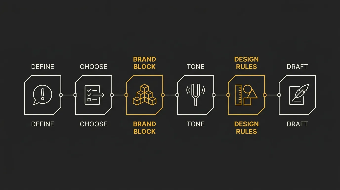 Six labelled stages running left to right: define, choose, brand block, tone, design rules, draft