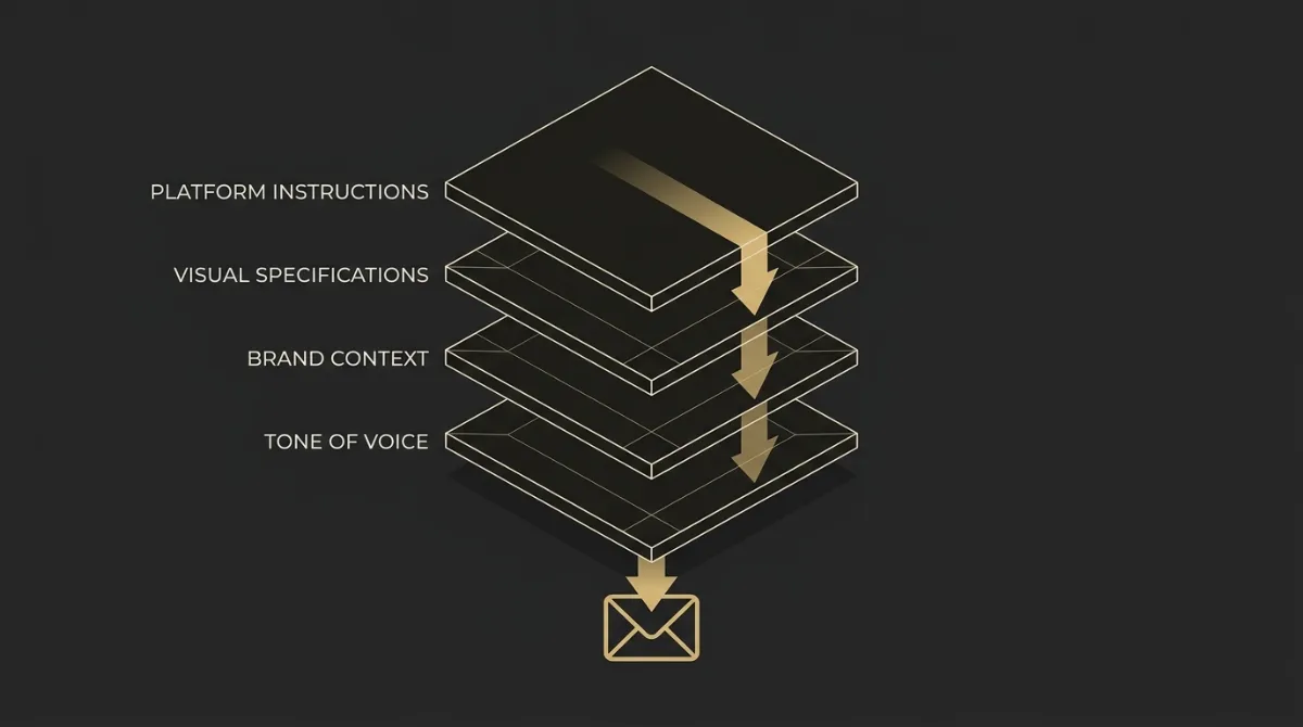 Layered diagram showing multiple prompt constraints stacking into a high-performing email template