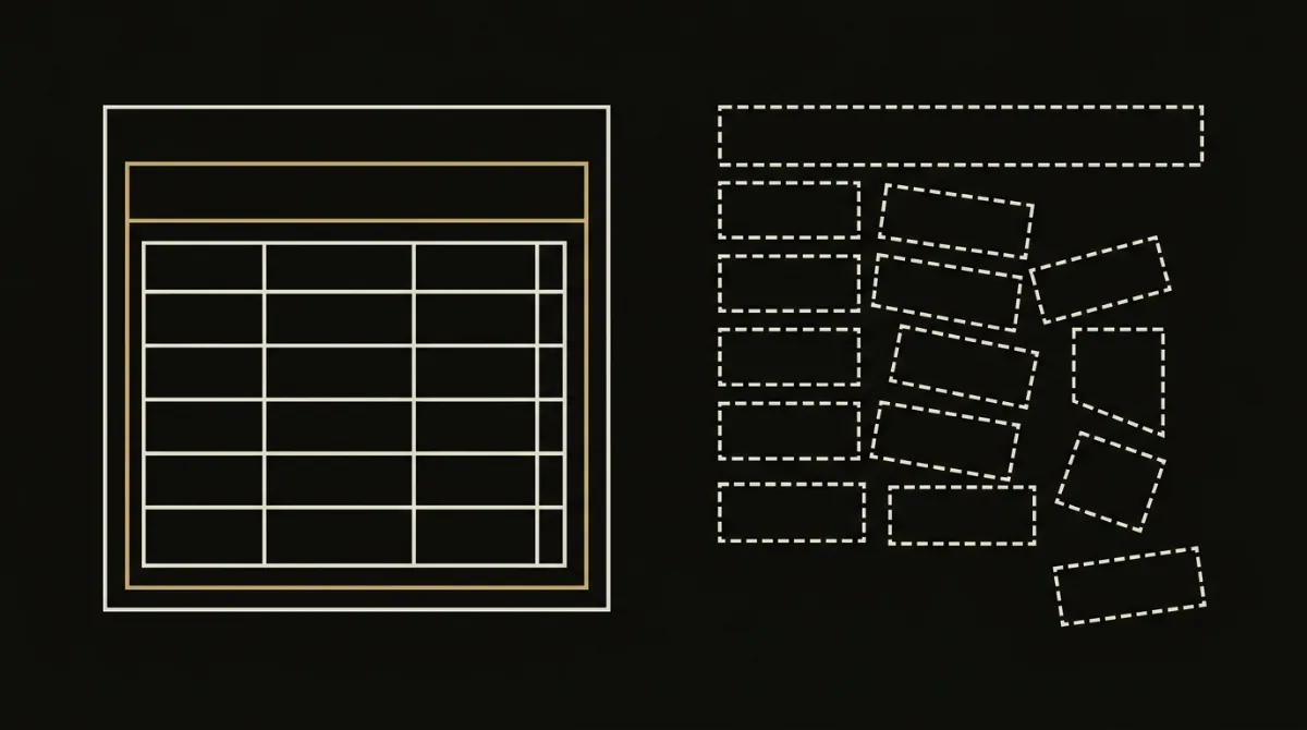 Structural comparison of a nested HTML table layout holding together beside a collapsed flexbox layout