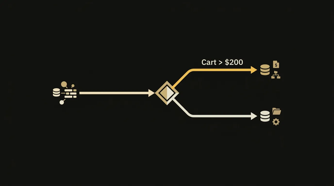 Diagram of a database path splitting into high-value and standard segments at a decision node.