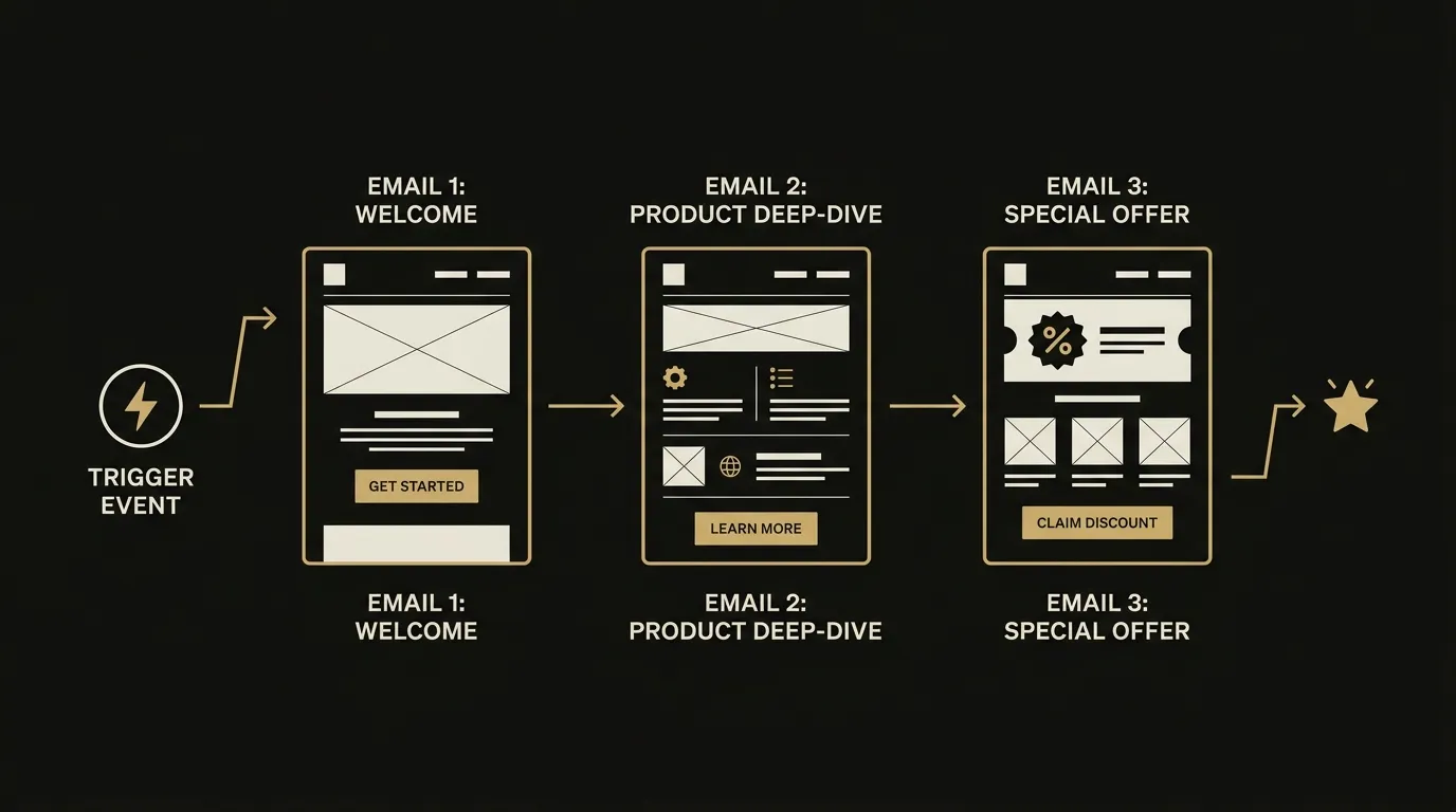 Abstract line flow diagram of three sequential email layouts on a deep charcoal background