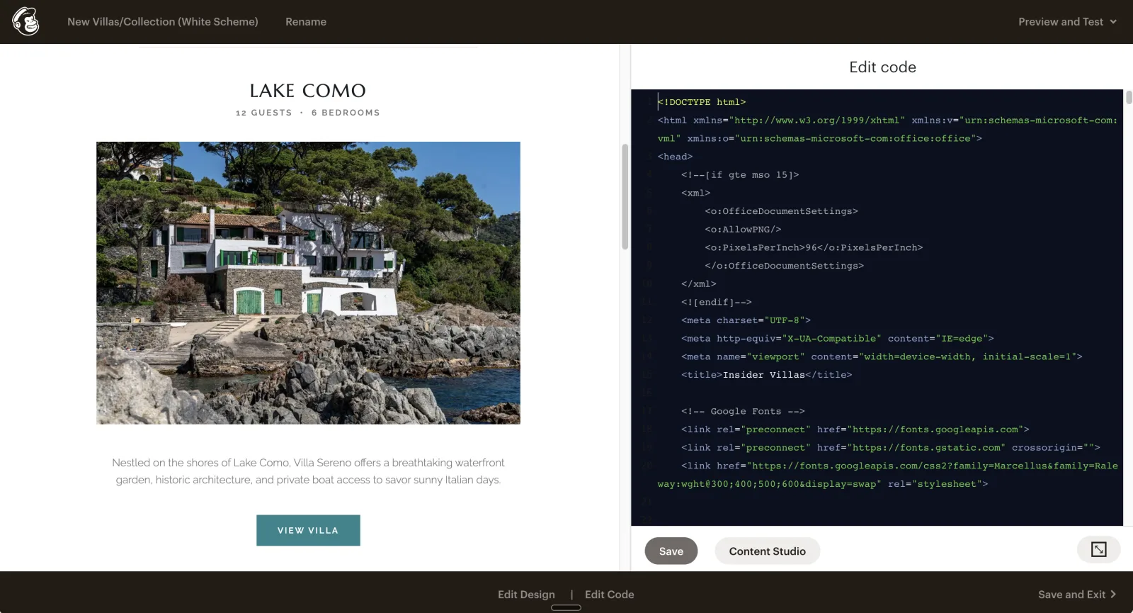 Mailchimp's classic builder with a villa template preview on the left and the Edit code panel on the right, open at the top of the template's HTML