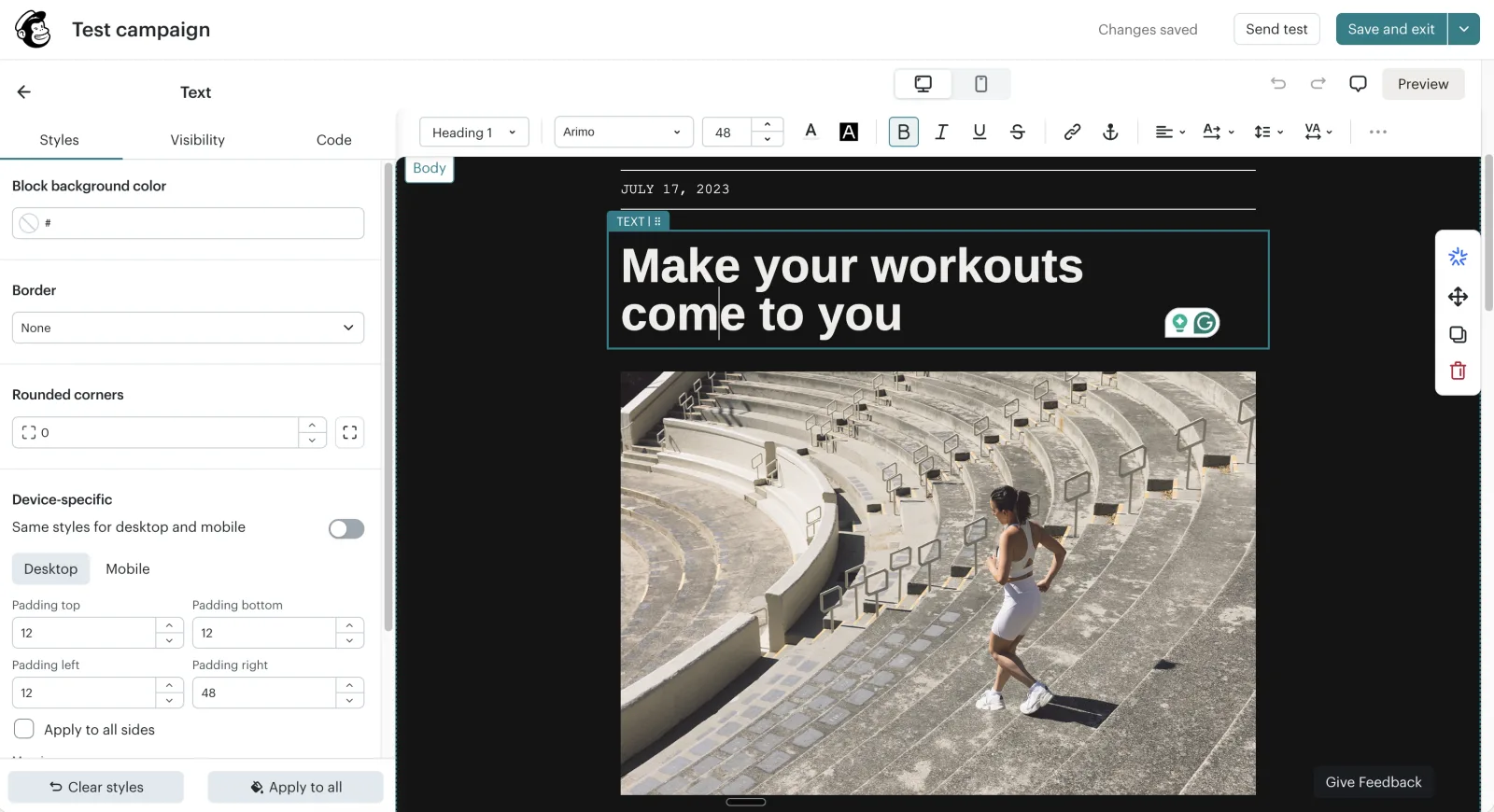 Mailchimp's new builder with a heading text block selected on the canvas, the formatting toolbar above it and the block's styles panel on the left, including desktop and mobile padding