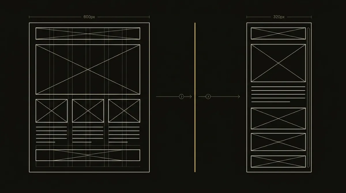 Minimal technical blueprint of a single email layout fluidly adapting its grid from desktop down to a mobile viewport