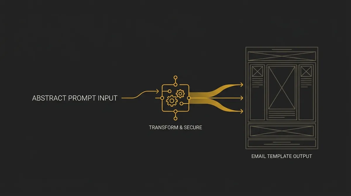 System schematic showing how EmailTemple turns natural-language input into structurally Outlook-safe layouts