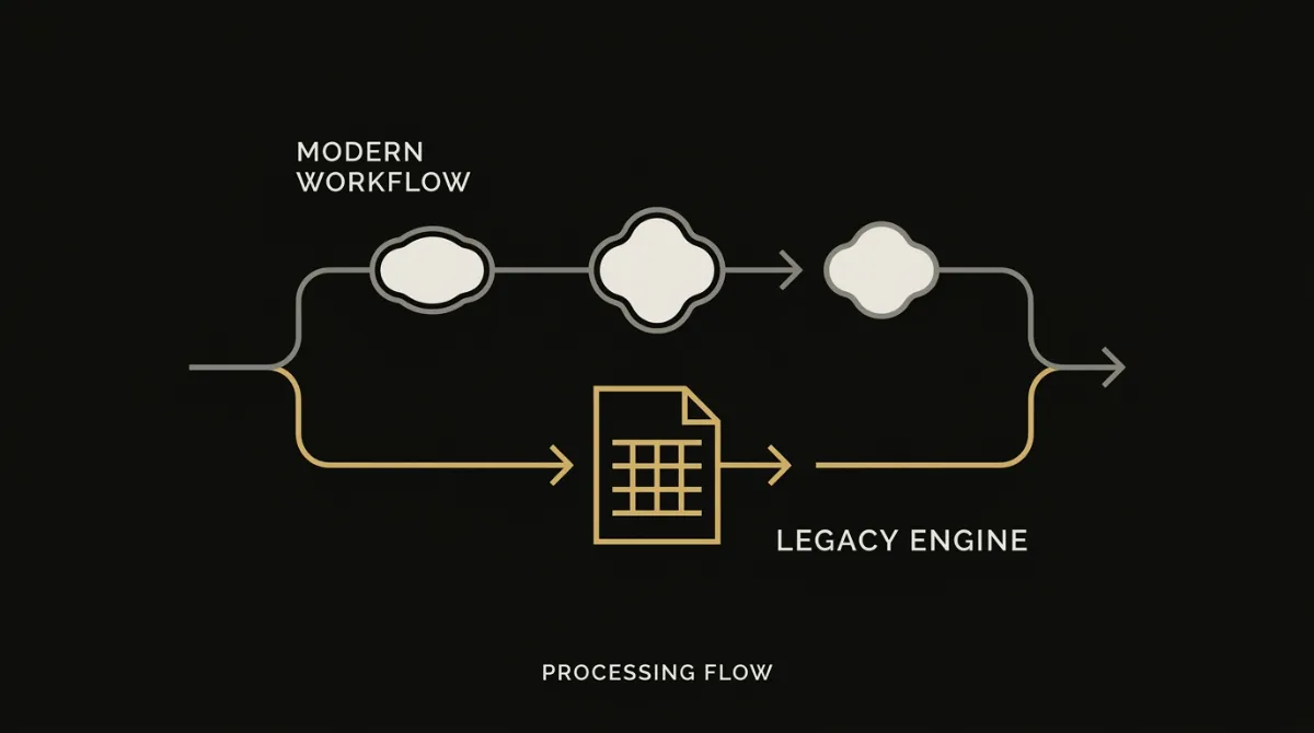 Schematic showing HTML flowing through a modern browser engine versus a rigid legacy document engine