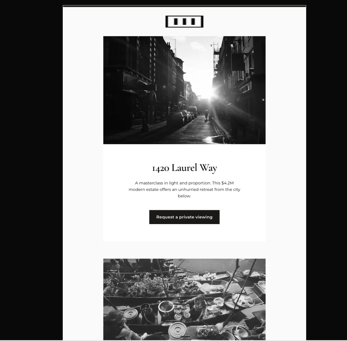 Luxury listing reveal email template showing a cinematic property photo, the address 1420 Laurel Way and a request a private viewing button