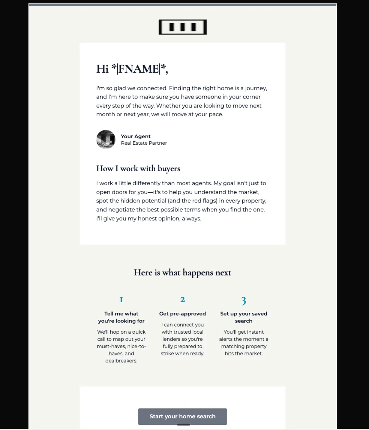 New buyer lead welcome email template for Mailchimp, with a personal agent intro, a what-happens-next grid and a start your home search button