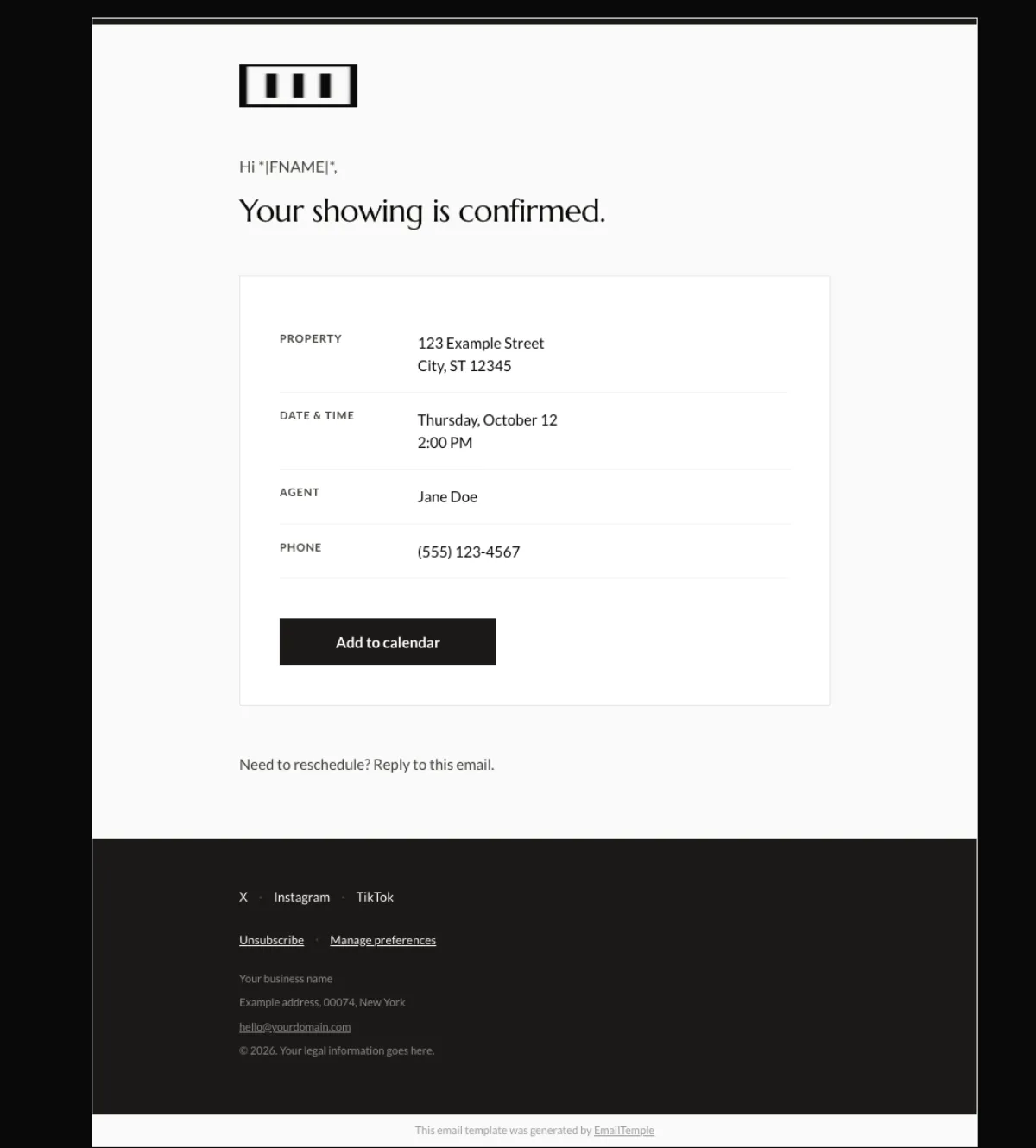 Showing appointment confirmation email template for Mailchimp, with property, date and time detail, an agent card and an add-to-calendar button