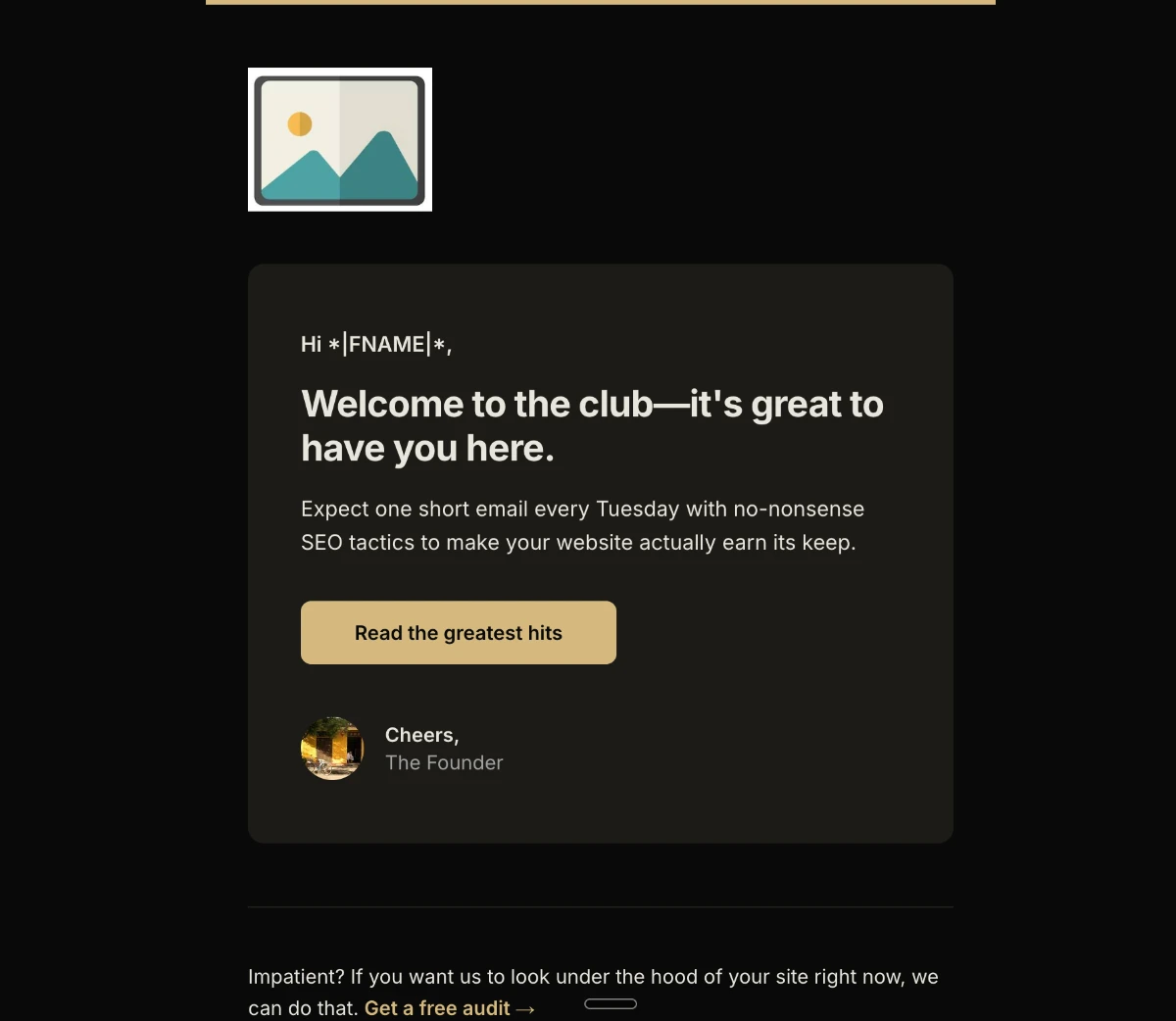 A real single-column welcome email — a friendly greeting, one plain line on what the brand does, a row of press logos and a single call-to-action button