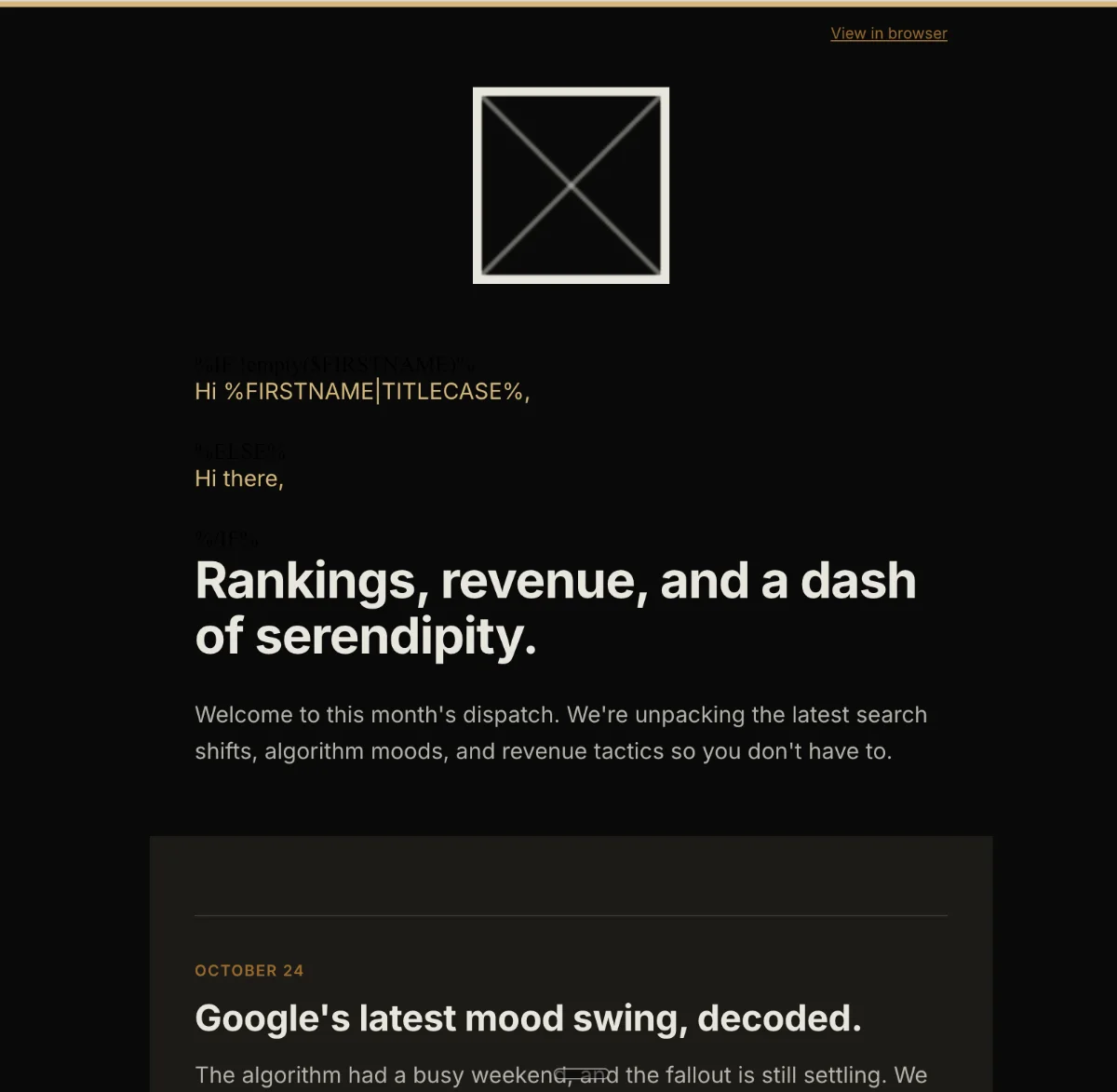 A real two-column newsletter with image-left and image-right story cards that collapse into a single stacked column on a phone