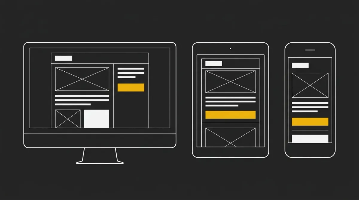 Architectural schematic of one email newsletter layout scaling across desktop, tablet and mobile viewport frames