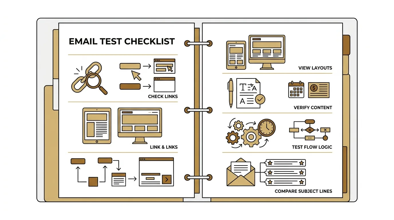 Email test checklist outlining steps for email sequence testing before sending including link validation, layout, and content