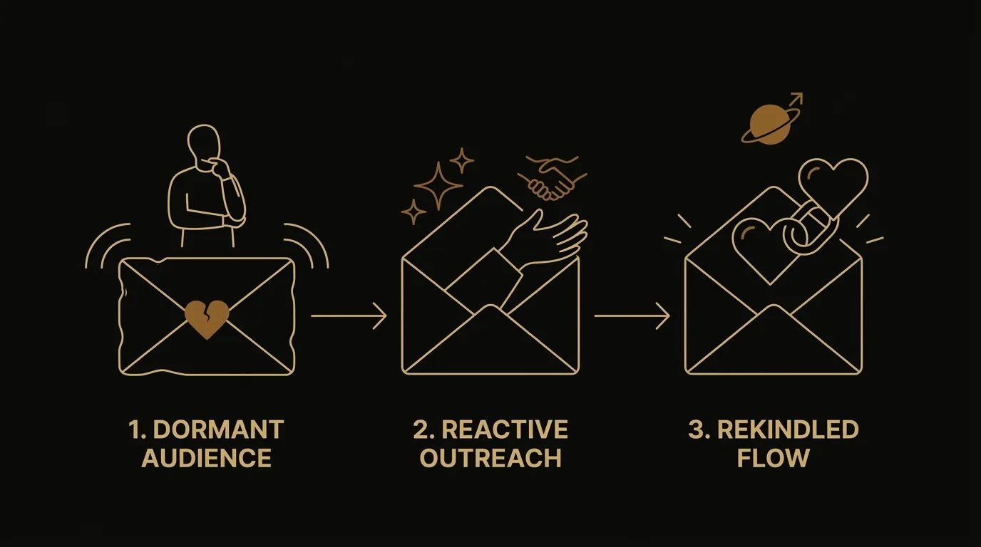 Three steps of a reengagement email sequence: starting with a dormant audience, moving to reactive outreach, and achieving a rekindled flow