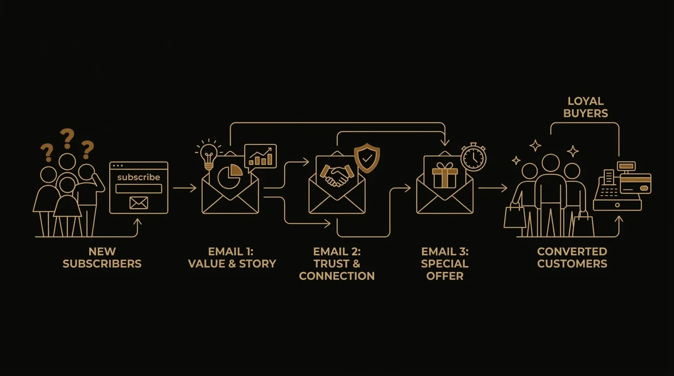 Welcome email sequence for small business showing how new subscribers progress through three strategic emails to become loyal buyers