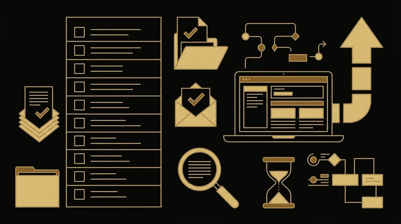 Welcome sequence generator checklist showing icons for file management, email review, process flow, and analytical tasks on a dark background