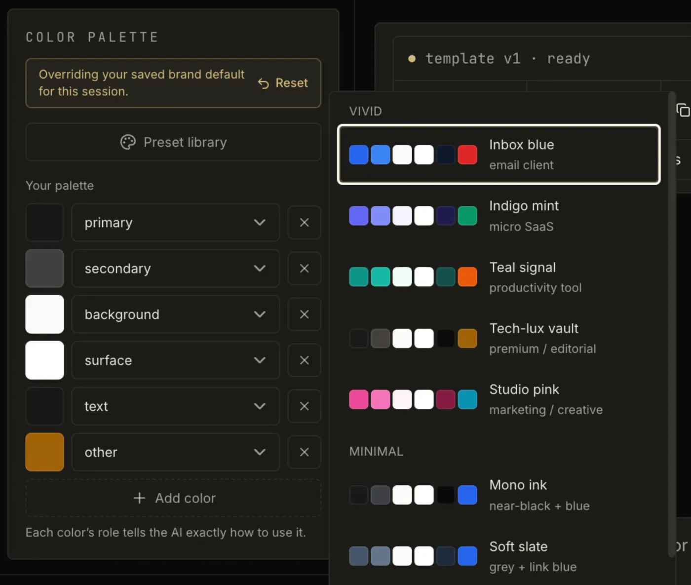 EmailTemple color palette: role-based brand colors and a preset library